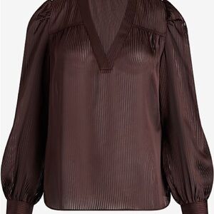 🔆 EXPRESS Brown Satin Sheer Striped V-Neck Cuff Sleeve Top